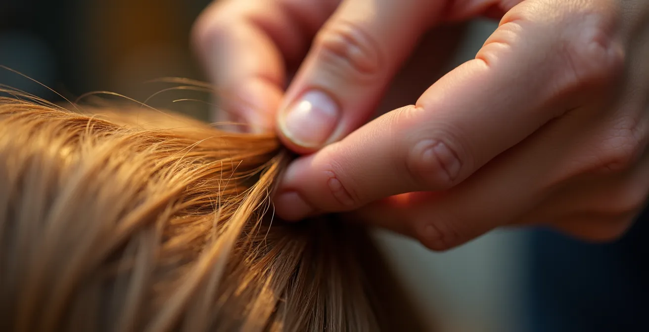 Gros plan sur les mains d'un coiffeur analysant la texture capillaire