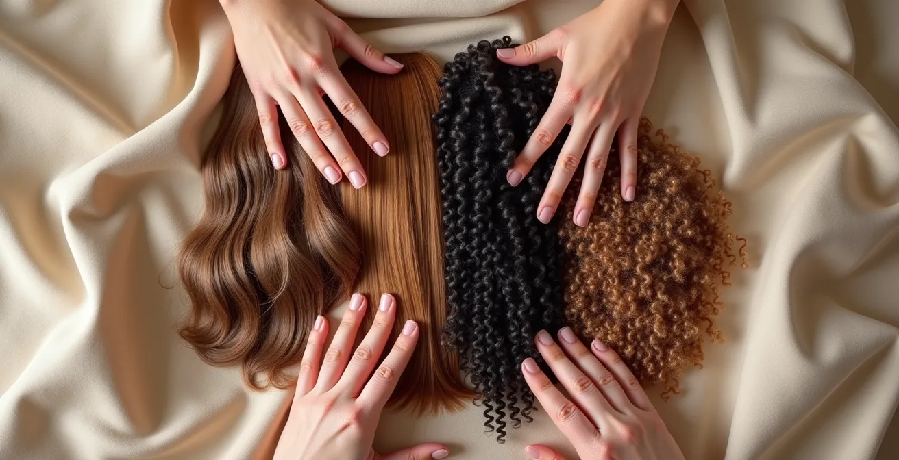 Gros plan sur des mains touchant différentes textures de cheveux